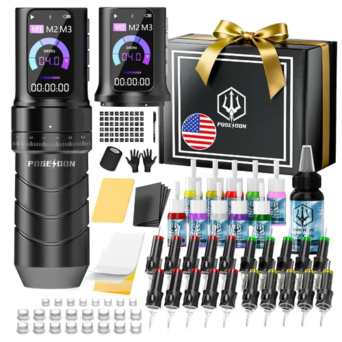 Vista 9 de Poseidon Kit de pistola de tatuaje inalámbrico 7 tiempos 2300mAh batería Negro-144