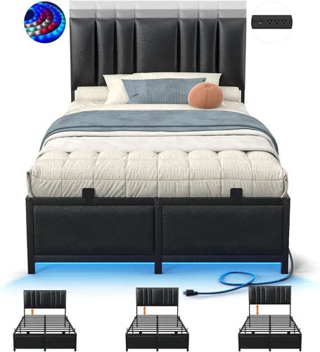 Vista 10 de Besiost Base de cama de tamaño individual con cabecera ajustable de 3 alturas, cama de plataforma tapizada de cuero con luz LED y estación de carga