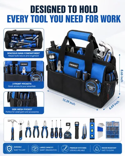 Vista 2 de COMOWARE 13-Inch Tool Bag, Zip-top Wide Mouth Open top Tool Bag, Large Capacity Tool Organizer with Inside Pockets, Blue Tool Tote Bag for