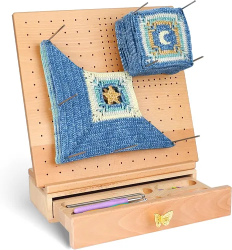 Vista 9 de Kit Premium de Tablero de Bloqueo de Ganchillo en Madera de Haya con 50 Alfileres de Acero Inoxidable, Cajón de Almacenamiento, Soporte Ajustable