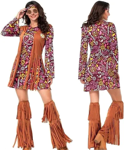 Vista 4 de Hippy Hippie Costume Women Teen Girl 60s 70s Outfit Clothes Hippie Halloween Costume for Women 70s Disco Costume Hippie Dress