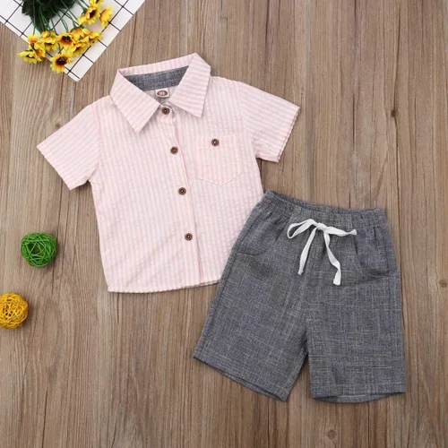 Vista 34 de Conjunto de camisa de manga corta con botones y pantalones cortos casuales con diseño de flamingo, para bebés y niños de 1 a 6 años, atuendos