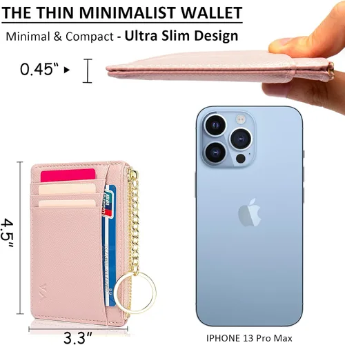 Vista 39 de Tarjetero delgado con bloqueo RFID, billetera de bolsillo pequeño, con cremallera Keychian para monedero, monedero y tarjetero para mujeres y hombres
