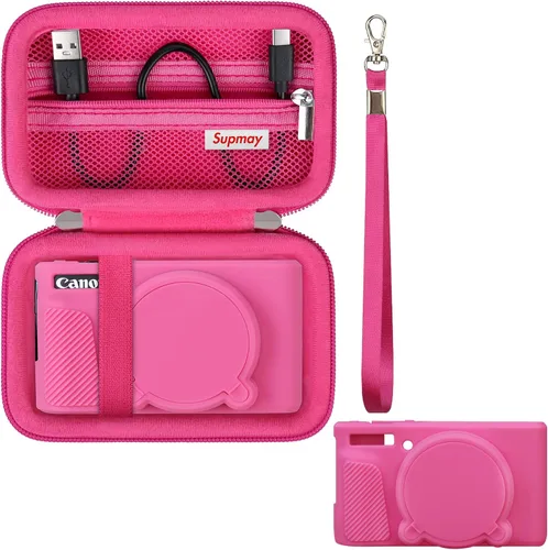 Vista 14 de Funda para cámara Canon PowerShot SX740 HS, SX730 HS, color marrón 1 funda rígida + 1 funda de silicona suave, SX740, SX730, bolsa protectora