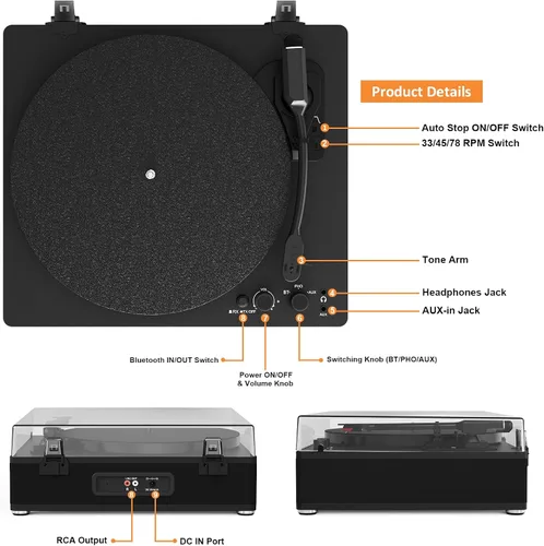 Vista 8 de Reproductor de discos de vinilo con transmisor inalámbrico de entrada/salida Bluetooth, placa de tamaño completo, tocadiscos de 3 velocidades