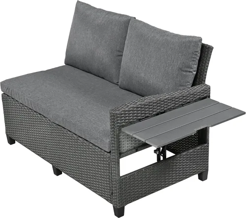 Vista 4 de Juego de conversación para patio, juego de sofá modular de 5 piezas, juego de muebles de mimbre de ratán PE con 2 mesas laterales extensibles