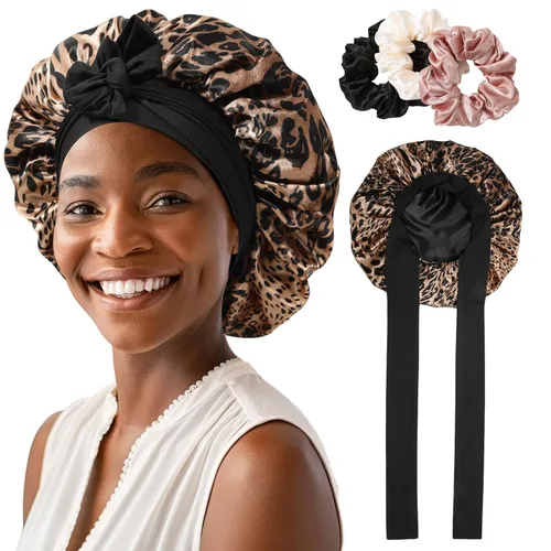 Vista 19 de Gorro de satén para mujer, con banda de amarre para el cabello, para dormir, grande de 2 capas, gorro de dormir de seda para dormir con 3 coleteros