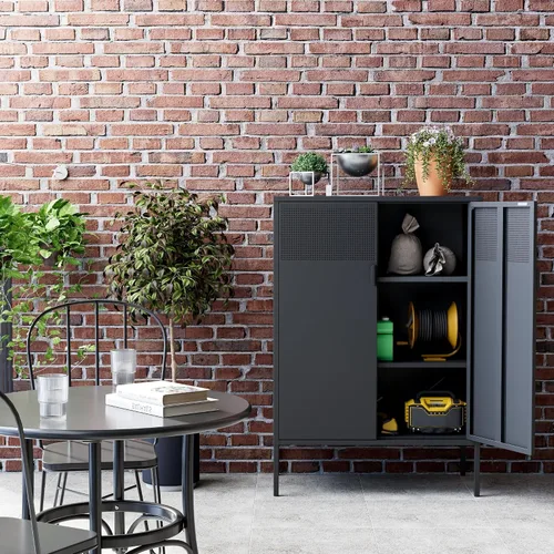 Vista 16 de Gabinete de almacenamiento de metal ancho negro, gabinete de acento de 2 puertas para el hogar y la oficina, gabinete de metal bajo de 2 niveles