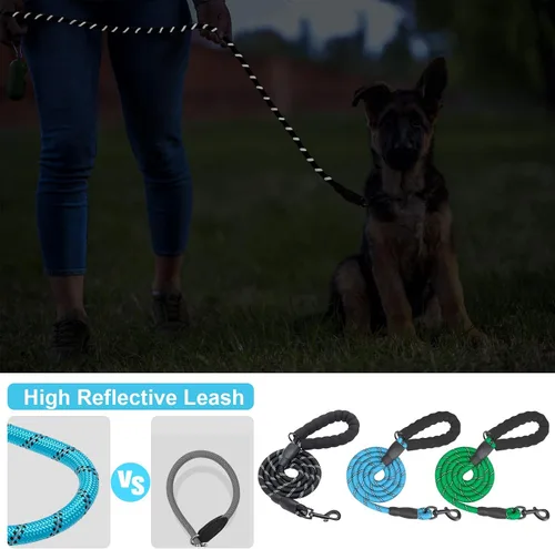 Vista 4 de BEAUTYZOO Paquete de 3 correas de cuerda resistente para perros, correa de nailon para mascotas de 6 pies con hilo reflectante, mango acolchado