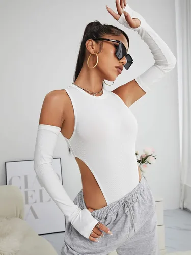 Vista 6 de WDIRARA Body sexy con cuello redondo para mujer, sin mangas, con agujeros para los pulgares
