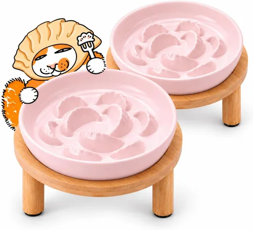 Vista 20 de Cuencos elevados de cerámica para gatos con soporte de bambú, platos elevados de comida para mascotas para gatos y perros pequeños, comedero