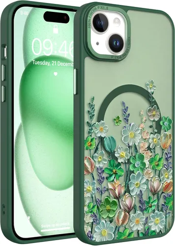 Vista 99 de Magnético para iPhone 13 con protector de pantalla [Compatible con MagSafe] Diseño de patrón floral de flores bonitas, funda delgada a prueba