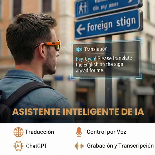 Vista 3 de Gafas inteligentes AI con cámara de 8 MP, IP54 AI voice assistant, hands-free video recording, open-ear audio, real-time translation, sports