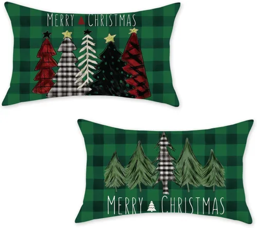 Vista 7 de ONWAY Juego de 2 fundas de almohada de Navidad de 16 x 16 pulgadas, fundas de almohada de Navidad de búfalo rojo a cuadros, color negro y verde Beige