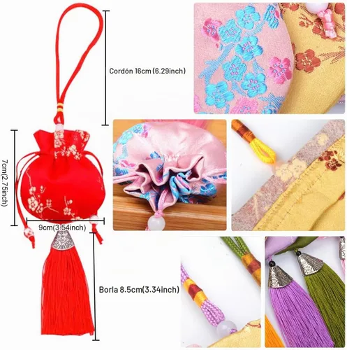 Vista 3 de Petunny 10 bolsitas chinas, con cordón, bolsa de brocado para joyas, brocado de seda, doble capa, con cordón, bolsa de regalo, para manualidades