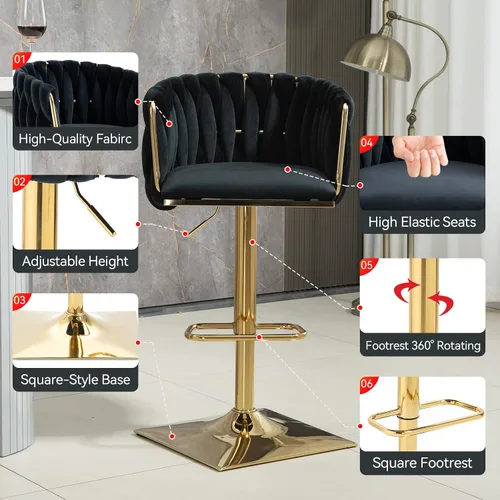 Vista 3 de NIOIIKIT Juego de 2 taburetes de bar tapizados de terciopelo, silla de altura de mostrador con respaldo tejido a mano, taburete de comedor