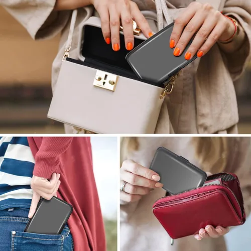 Vista 7 de Coco Rossi Portatarjetas de crédito con bloqueo RFID, mini tarjetero delgado de aluminio duro para hombres o mujeres, Gris (Space Grey)