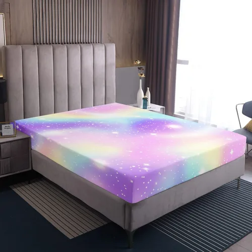 Vista 4 de Juego de sábana bajera ajustable de teñido anudado para niñas, juego de ropa de cama con diseño de arco iris degradado de arcoíris, lindo juego