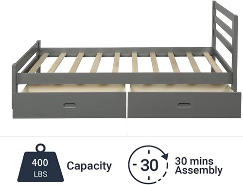 Vista 6 de Cama de plataforma de madera de tamaño individual con 2 cajones, marco de cama de plataforma moderna con cajón de almacenamiento, muebles