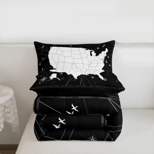 Vista 7 de Juego de edredón con diseño de mapa del mundo, juego de edredón y juegos de cama con temática náutica, color blanco y negro, edredón de velero