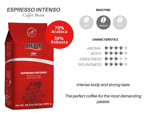 Vista 2 de Aiello Caffe - Granos de café expreso italiano, bolsa de 2.2 libras, café de grano entero mediano recién tostado y mezclado en el sur de Italia