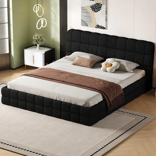Vista 4 de KLMM Unique King Size Upholstered Platform Bed with Thick Fabric, Grounded Bed with Solid Frame,for Kids Teens Adults Bedroom Use (Black-TF, King)