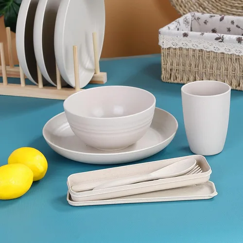 Vista 5 de Juego de vajilla de paja de trigo para 4, platos y tazones de paja de trigo, platos de cocina, 28 piezas, artículos esenciales para dormitorio
