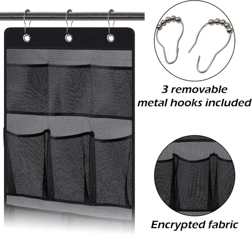 Vista 4 de KIMBORA Organizador de ducha de malla para colgar en el baño, con 2 bolsillos grandes, 3 anillos, barra de cortina colgante para dormitorio, Negro