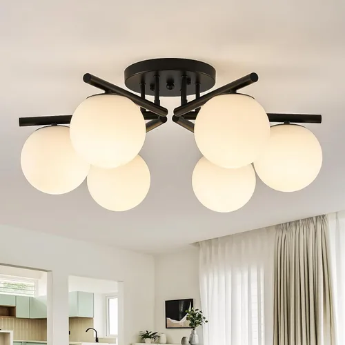 Vista 11 de Lámpara de techo Sputnik de latón de 3 luces, lámpara de techo semiempotrada, latón dorado de 21.65 pulgadas, globo de vidrio lechoso de mediados