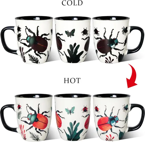 Vista 4 de Taza de Escarabajo de 16 oz que Cambia de Color - Taza de Café de Cerámica para Amantes de los Insectos - Regalo Novedoso con Temática de Insectos