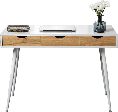 Vista 9 de Need Escritorio blanco con escritorio de almacenamiento, mesa de tocador, escritorio de computadora moderno con 3 cajones, mesa de tocador