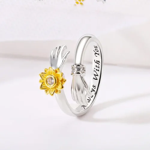 Vista 5 de Anillo de plata giratorio de girasol ajustable con diamantes y simple banda para abrazar a dos manos