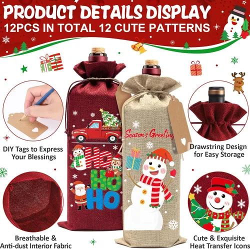 Vista 2 de Aoonby 12 piezas de bolsas de vino de arpillera, bolsas de regalo de vino de Navidad para botellas, regalos, bolsa de botella de Navidad con cordón