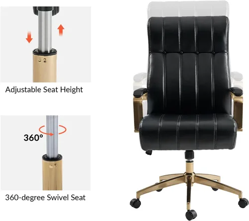 Vista 6 de HULALA HOME Silla de oficina ejecutiva moderna, silla de escritorio ergonómica copetuda de piel sintética con base chapada en oro y reposabrazos
