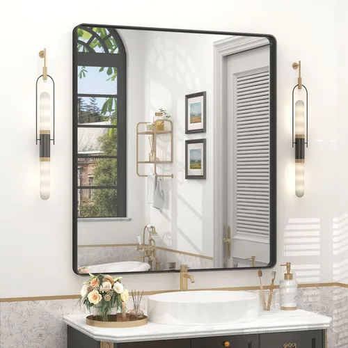 Vista 37 de Espejo rectangular para pared de baño de 20x30 pulgadas con marco negro mate, espejo de tocador con esquinas redondeadas, espejo de baño de metal