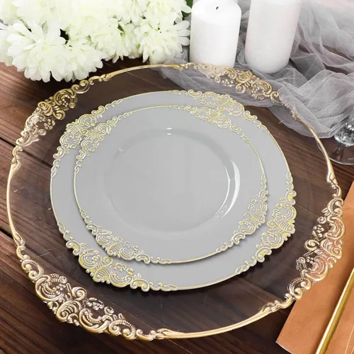 Vista 43 de Efavormart - Paquete de 10 platos de postre barrocos negros y dorados de 8 pulgadas, platos de aperitivo resistentes con borde metálico en relieve