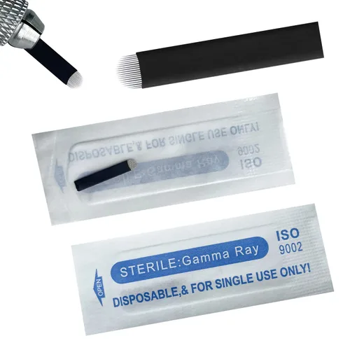 Vista 12 de Agujas de microblading de 0.007 in, agujas desechables de tatuaje de cejas para máquina de maquillaje permanente Manual de suministros (Negro S7)