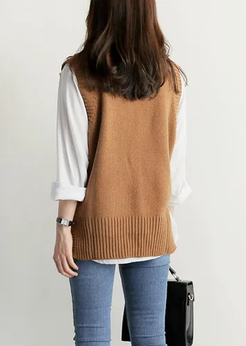 Vista 4 de PEIQI Suéter de punto para mujer, sin mangas, liso, casual, básico