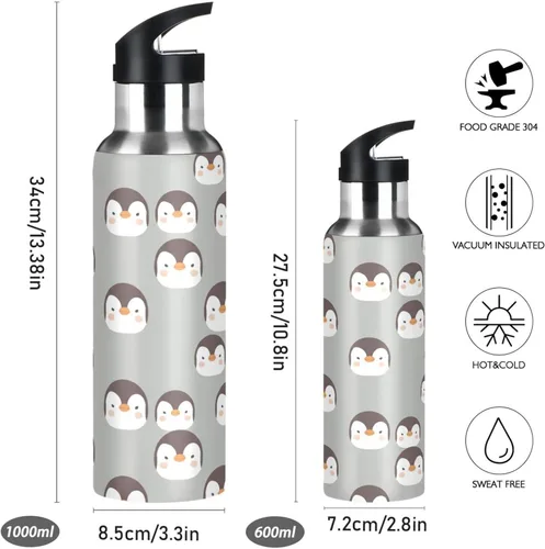 Vista 2 de Cute Penguins Face Gray Insulated Stainless Steel Water Bottle with Straw 20 Oz, BPA-Free Sport Water Bottle Insulated Leakproof Water Bottles