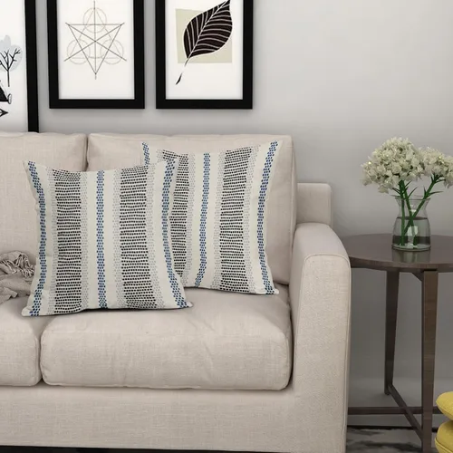 Vista 7 de Juego de 2 fundas de almohada negras y azules con rayas de puntos grises, decorativas para exteriores, estilo boho rústico, para sofá, cama, cojín
