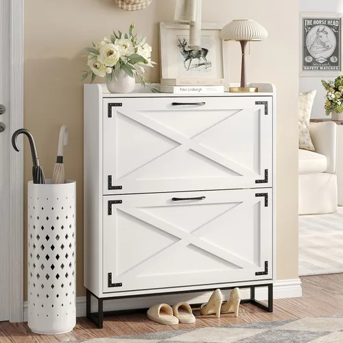 Vista 39 de Maupvit Gabinete de almacenamiento para zapatos con 2 cajones abatibles, organizador independiente con patas de metal para entrada, gabinete Beige