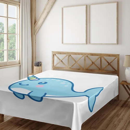 Vista 2 de Ambesonne Narwhal - Sábana encimera de dibujos animados, ballena, cuerno arcoíris, unicornio del océano animal ártico, suave y cómoda, 1 pieza