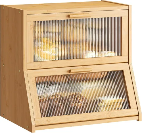 Vista 15 de GHWIE Panera de bambú de doble capa para encimera de cocina, contenedor de almacenamiento de pan de gran capacidad, recipiente para pan con panel