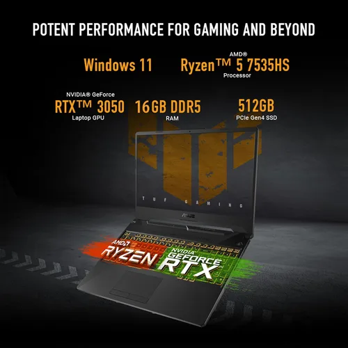 Vista 2 de ASUS TUF Gaming A15 - Laptop para juegos, pantalla FHD 16:9 de 144 Hz de 15.6 pulgadas, procesador AMD Ryzen™ 5 7535HS, NVIDIA® GeForce RTX™ 3050