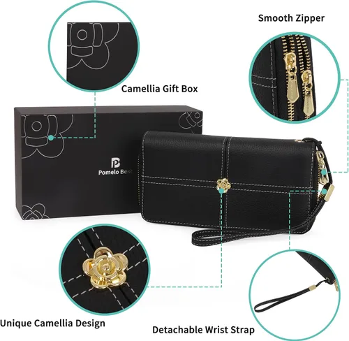 Vista 5 de Cartera de cuero real para mujer con adorno de camelia, bloqueo RFID, bolsillo para monedas, Negro, L, Clásico
