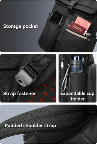 Vista 2 de BOPai Mochila de viaje para hombre, absorción de golpes, reducción de peso del 55.8%, expansible, 25L-30L, con parte superior enrollable, tela