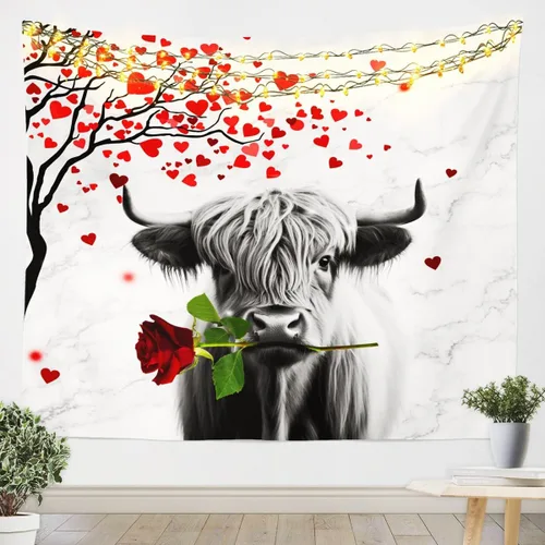 Vista 17 de Tapiz femenino de flores de rosas rojas, tapiz de pared para el día de San Valentín, decoración de habitación de niñas y mujeres, cielo estrellado