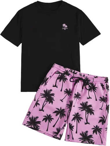 Vista 105 de GORGLITTER Conjunto de 2 piezas de camiseta gráfica de manga corta para hombre, estampado hawaiano con cordón y pantalones cortos
