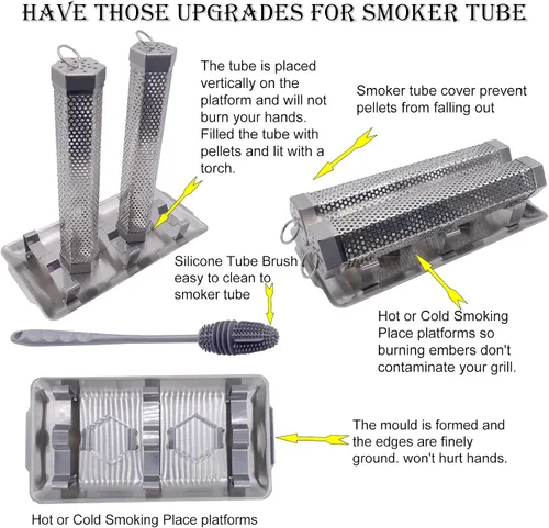 Vista 3 de Paquete de 2 tubos de ahumador de pellets de 12 pulgadas, tubo de humo para ahumador de pellets con una bandeja de acero inoxidable, 5 horas de humo