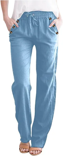 Vista 20 de Casual Pants for Women Summer Solid Color Drawstring Elastic Waist Pants Baggy Straight Leg Long Trouser with Pocket